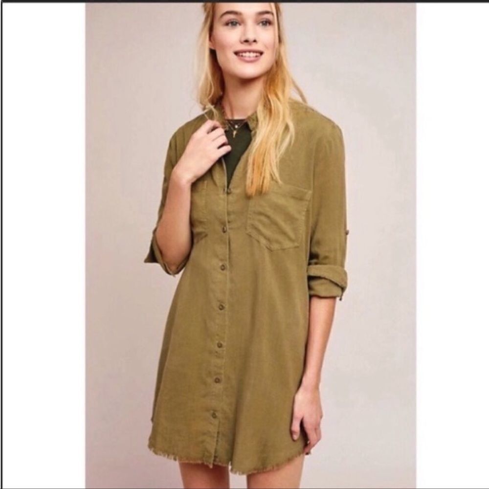 Anthropologie XS Cloth&Stone Stone Wash Tencel Lyocell Long Sleeve Shirt Dress